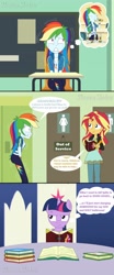 Size: 1920x4608 | Tagged: safe, artist:phantomshadow051, character:rainbow dash, character:sunset shimmer, character:twilight sparkle, species:pony, comic:eqg:bursting rainbow, g4, my little pony: equestria girls, my little pony:equestria girls, apple cider (drink), bathroom, bottle, comic, crossed legs, desperation, need to pee, omorashi, out of order, potty dance, potty emergency, potty time, request, text, thought bubble, updated