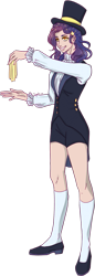 Size: 373x1081 | Tagged: safe, artist:sychia, oc, oc only, oc:meg spangles, species:human, cloth, clothing, coat, female, flats, hat, humanized, humanized oc, magician, magician outfit, shirt, shoes, shorts, simple background, socks, solo, stockings, thigh highs, top hat, transparent background, vest