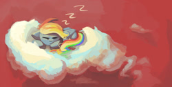Size: 1600x805 | Tagged: safe, artist:ignis, character:rainbow dash, species:pegasus, species:pony, cloud, cute, dashabetes, female, on a cloud, simple background, sleeping, sleeping on a cloud, solo, z