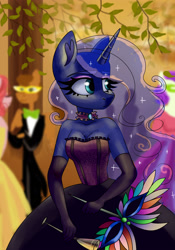 Size: 3500x5000 | Tagged: safe, artist:irinamar, character:princess luna, species:anthro, bare shoulders, bodice, breasts, champagne glass, choker, cleavage, clothing, commission, dress, ethereal mane, evening gloves, female, gloves, horn, long gloves, looking sideways, masquerade (event), masquerade mask, solo focus, ych result