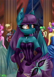Size: 3500x5000 | Tagged: safe, artist:irinamar, oc, oc only, oc:blue moon (donin), species:anthro, species:bat pony, ascot, bare shoulders, bat pony oc, bat wings, bodice, breasts, cape, champagne glass, choker, cleavage, clothing, commission, dress, ear fluff, ear piercing, earring, evening gloves, female, gloves, hair tie, jewelry, long gloves, looking sideways, masquerade (event), masquerade mask, piercing, side slit, signature, solo focus, total sideslit, wings, ych result