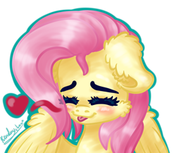 Size: 1500x1300 | Tagged: safe, artist:kindny-chan, character:fluttershy, species:pegasus, species:pony, blep, bust, cheek fluff, cute, ear fluff, eyes closed, female, floating heart, floppy ears, heart, mare, portrait, shyabetes, simple background, smiling, solo, tongue out, transparent background