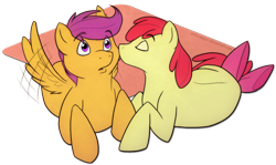 Size: 1024x610 | Tagged: safe, artist:arcticwaters, character:apple bloom, character:scootaloo, species:earth pony, species:pegasus, species:pony, ship:scootabloom, female, kissing, lesbian, mare, shipping, wingboner