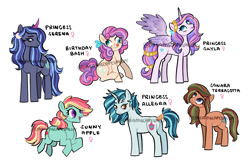 Size: 3600x2400 | Tagged: safe, artist:dreamscapevalley, character:princess skyla, oc, oc:birthday bash, oc:princess serena, oc:sonara terracotta, oc:sunny apple, parent:applejack, parent:braeburn, parent:cheese sandwich, parent:marble pie, parent:pinkie pie, parent:rainbow dash, parents:appledash, parents:braeble, parents:cheesepie, parents:hopebra, species:alicorn, species:earth pony, species:pegasus, species:pony, species:unicorn, curved horn, derp, female, horn, magical lesbian spawn, mare, next generation, offspring, redesign, simple background, tail wrap, tongue out, wall eyed, watermark, white background