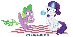 Size: 1280x650 | Tagged: safe, artist:serenamidori, character:rarity, character:spike, species:dragon, species:pony, species:unicorn, embarrassed, fart, female, fire, fire fart, green fire, levitation, magic, male, mare, picnic, picnic blanket, simple background, sitting, sweat, telekinesis, transparent background