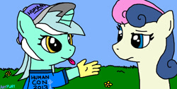 Size: 1023x515 | Tagged: safe, artist:artpwny, character:bon bon, character:lyra heartstrings, character:sweetie drops, bon bon is not amused, clothing, gloves, hand, hat, ms paint, shirt, tongue out