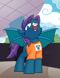 Size: 3000x3900 | Tagged: safe, artist:coaldustthestrange, oc, oc:stardust, species:bat pony, bat pony oc, bat wings, be a buddy not a bully shirt shirt, clothing, epcot, nose in the air, shirt, wings