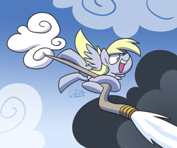Size: 3000x2517 | Tagged: safe, artist:coaldustthestrange, character:derpy hooves, species:pegasus, species:pony, cloud, female, fire hose, flying, implied fire, mare, no pupils, open mouth, sky, smoke, solo