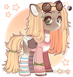 Size: 2475x2600 | Tagged: safe, artist:keyrijgg, oc, oc only, species:pegasus, species:pony, adoptable, auction, clothing, colored wings, glasses, looking at you, multicolored wings, simple background, smiling, socks, solo, striped socks, sweater, watermark, wings