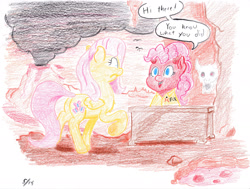 Size: 2383x1798 | Tagged: safe, artist:lost marbles, character:fluttershy, character:pinkie pie, clothing, colored pencil drawing, demon, devil horn, heck, hell, lava, shirt, traditional art, volcano, your pretty face is going to hell