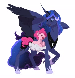 Size: 2480x2562 | Tagged: safe, artist:maxiima, character:pinkie pie, character:princess luna, species:alicorn, species:earth pony, species:pony, fanfic:the enchanted kingdom, fanfic:the enchanted library, cloud, commission, fanfic art, female, filly, filly pinkie pie, jewelry, music notes, regalia, simple background, singing, white background, younger