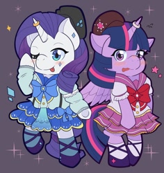 Size: 1024x1086 | Tagged: safe, artist:kingkero, character:rarity, character:twilight sparkle, ship:rarilight, blushing, clothing, cosplay, costume, crossover, female, lesbian, semi-anthro, shipping
