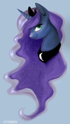 Size: 720x1280 | Tagged: safe, artist:sofilut, character:princess luna, species:pony, blue background, bust, female, mare, portrait, simple background, solo