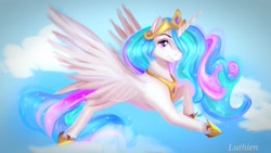 Size: 1280x720 | Tagged: safe, artist:sofilut, character:princess celestia, species:alicorn, species:pony, cloud, female, flying, looking at you, mare, sky, solo, spread wings, wings