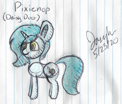 Size: 2220x1892 | Tagged: safe, artist:mlplayer dudez, oc, oc only, oc:daisy door, species:pony, species:unicorn, colored, ear fluff, female, happy, lined paper, mare, signature, sketch, smiling, solo, traditional art