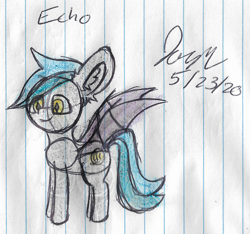 Size: 1892x1772 | Tagged: safe, artist:mlplayer dudez, oc, oc only, oc:echo, species:bat pony, bat pony oc, bat wings, happy, lined paper, signature, sketch, smiling, solo, traditional art, wings