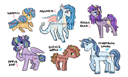 Size: 3000x1800 | Tagged: safe, artist:dreamscapevalley, oc, oc:apple zap, oc:aquaria, oc:graffiti, oc:rocky road, oc:ruthie apple, oc:starstruck luxury, parent:apple bloom, parent:applejack, parent:biscuit, parent:prince blueblood, parent:rainbow dash, parent:rarity, parent:rumble, parent:scootaloo, parent:snips, parent:spike, parent:trixie, parent:twist, parents:appledash, parents:bluetrix, parents:rumbloo, parents:sparity, species:dracony, species:earth pony, species:pegasus, species:pony, species:unicorn, colt, female, filly, freckles, goggles, horns, hybrid, interspecies offspring, magical lesbian spawn, male, mare, offspring, parents:applebiscuit, parents:snipstwist, simple background, stallion, unshorn fetlocks, watermark, white background