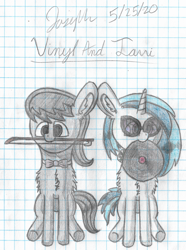 Size: 2730x3678 | Tagged: safe, artist:mlplayer dudez, character:dj pon-3, character:octavia melody, character:vinyl scratch, species:earth pony, species:pony, species:unicorn, bow tie, cel shading, chest fluff, colored, cute, duo, ear fluff, glasses, graph paper, happy, headphones, mouth hold, record, shading, signature, sitting, smiling, tavibetes, traditional art, vinylbetes