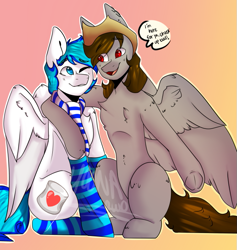 Size: 643x677 | Tagged: safe, artist:yoona, oc, oc only, oc:lighty, oc:n3xus music, species:pegasus, species:pony, clothing, commission, cute, gay, hat, male, snuggling, socks, striped socks, text, wholesome
