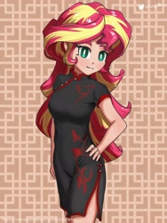 Size: 1536x2048 | Tagged: safe, artist:tinybenz, character:sunset shimmer, species:human, my little pony:equestria girls, cheongsam, clothing, cute, female, hand on hip, human coloration, humanized, looking at you, shimmerbetes, side slit, solo