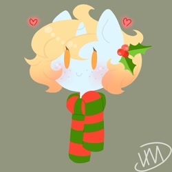 Size: 525x525 | Tagged: safe, artist:irinamar, oc, oc only, species:pony, species:unicorn, bust, clothing, gray background, heart, holly, horn, scarf, signature, simple background, smiling, solo, unicorn oc