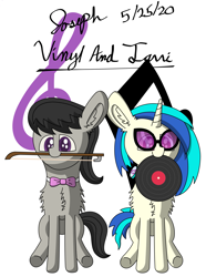 Size: 2275x3065 | Tagged: safe, artist:mlplayer dudez, character:dj pon-3, character:octavia melody, character:vinyl scratch, species:earth pony, species:pony, species:unicorn, abstract background, bow, bow tie, cel shading, colored, cute, digital art, duo, glasses, happy, headphones, mouth hold, record, shading, signature, sitting, smiling, tavibetes, vinylbetes