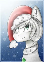 Size: 1039x1476 | Tagged: safe, artist:irinamar, oc, oc only, species:earth pony, species:pony, bust, christmas, clothing, ear fluff, earth pony oc, hat, holiday, santa hat, smiling, snow, solo