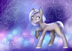Size: 1280x902 | Tagged: safe, artist:irinamar, oc, oc only, species:pony, species:unicorn, abstract background, colored hooves, deviantart watermark, flower, horn, obtrusive watermark, raised hoof, solo, unicorn oc, watermark