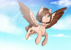 Size: 1280x902 | Tagged: safe, artist:irinamar, oc, oc only, species:pegasus, species:pony, chest fluff, cloud, deviantart watermark, flying, jewelry, necklace, obtrusive watermark, pegasus oc, solo, two toned wings, watermark, wings
