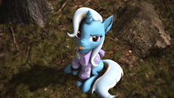 Size: 3840x2160 | Tagged: safe, artist:psfmer, character:trixie, species:pony, species:unicorn, 3d, babysitter trixie, clothing, female, gem, grass, ground, hoodie, looking at you, looking up at you, mare, raised hoof, raspberry, rock, sitting, solo, source filmmaker, tongue out, tree