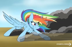 Size: 1024x667 | Tagged: safe, artist:dangercloseart, character:rainbow dash, species:pegasus, species:pony, cheek fluff, chest fluff, dust, female, leg fluff, mare, redraw, skidding, solo