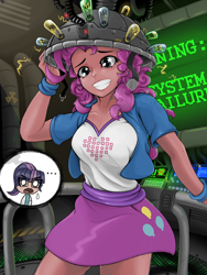 Size: 1536x2048 | Tagged: safe, artist:qzygugu, character:pinkie pie, character:twilight sparkle, character:twilight sparkle (scitwi), species:eqg human, episode:feeling pinkie keen, g4, my little pony: friendship is magic, my little pony:equestria girls, ..., clothing, equestria girls interpretation, female, human coloration, machinery, scene interpretation, science, science lab, skirt, smiling, starry eyes, system failure, teardrop, twilight's lab, wingding eyes