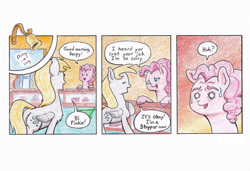 Size: 990x676 | Tagged: safe, artist:lost marbles, character:derpy hooves, character:pinkie pie, species:earth pony, species:pegasus, species:pony, comic:derpy - stripper extraordinaire, colored pencil drawing, comic, comic strip, dialogue, duo, female, mare, speech bubble, sugarcube corner, sweat, sweatdrop, traditional art, we don't normally wear clothes