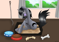 Size: 2048x1448 | Tagged: safe, artist:vaiola, oc, oc:howl, species:pony, advertisement, ball, behaving like a dog, bone, chains, chew toy, collar, commission, food bowl, full body, pet bed, pet play, pet tag, pony pet, spiked collar