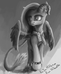 Size: 2520x3072 | Tagged: safe, artist:stdeadra, oc, species:pony, claws, gray background, grayscale, horn, hybrid, leonine tail, monochrome, paws, ram horns, simple background, slit eyes, solo, spiked wristband, tail, wings, wristband