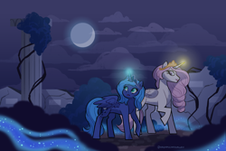 Size: 3600x2400 | Tagged: safe, artist:dreamscapevalley, character:princess celestia, character:princess luna, species:alicorn, species:pony, duo, duo female, female, glowing horn, high res, horn, implied nightmare moon, mare, moon, night, pink-mane celestia, s1 luna