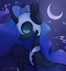 Size: 1109x1191 | Tagged: safe, artist:occultusion, character:nightmare moon, character:princess luna, species:alicorn, species:pony, crescent moon, curved horn, female, helmet, hoof shoes, horn, jewelry, mare, moon, night, raised hoof, regalia, solo
