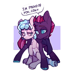 Size: 1227x1226 | Tagged: safe, artist:occultusion, character:cozy glow, character:fizzlepop berrytwist, character:tempest shadow, species:pegasus, species:pony, species:unicorn, a better ending for cozy, broken horn, clothing, cozybetes, cozylove, crying, cute, duo, eye scar, female, filly, horn, mare, markings, open, raised hoof, redesign, sad, scar, scarf, simple background, sitting, smiling, tempestbetes, transparent background, unshorn fetlocks, when she smiles