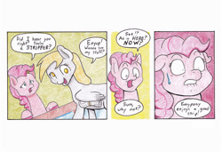Size: 990x676 | Tagged: safe, artist:lost marbles, character:derpy hooves, character:pinkie pie, species:earth pony, species:pegasus, species:pony, comic:derpy - stripper extraordinaire, colored pencils, comic, comic strip, dialogue