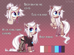 Size: 4000x3000 | Tagged: safe, artist:keyrijgg, oc, oc only, unnamed oc, species:pony, species:unicorn, clothing, colored hooves, colored muzzle, curved horn, female, fishnets, hair bun, horn, jewelry, levitation, magic, mare, necklace, reference sheet, solo, sweatshirt, telekinesis, tongue out
