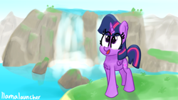 Size: 3840x2160 | Tagged: safe, artist:llamalauncher, character:twilight sparkle, character:twilight sparkle (alicorn), species:alicorn, species:pony, chest fluff, female, scenery, solo, tree, water, waterfall