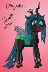 Size: 1726x2558 | Tagged: safe, artist:mlplayer dudez, character:queen chrysalis, species:changeling, cel shading, crown, cute, cutealis, digital art, female, gradient background, happy, heart, jewelry, mouth hold, regalia, shading, signature, smiling, solo, standing