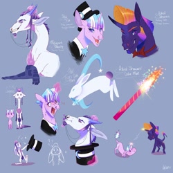 Size: 1600x1600 | Tagged: safe, artist:qatsby, oc, oc only, oc:astral showers, oc:hat trick, oc:malignant beauty, parent:discord, parent:rainbow dash, parent:rarity, parent:starlight glimmer, parent:tempest shadow, parent:trixie, parents:raricord, parents:startrix, parents:tempestdash, species:draconequus, species:pony, species:rabbit, animal, beard, blue background, clothing, facial hair, hat, height difference, hybrid, interspecies offspring, magic trick, magical lesbian spawn, next generation, offspring, simple background, tongue out, top hat