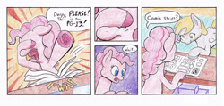 Size: 990x473 | Tagged: safe, artist:lost marbles, character:derpy hooves, character:pinkie pie, species:earth pony, species:pegasus, species:pony, comic:derpy - stripper extraordinaire, colored, comic, comic strip, covering eyes, dialogue, misunderstanding, newspaper, peeking, underhoof