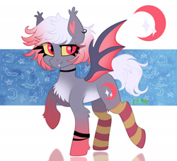 Size: 2200x2000 | Tagged: safe, artist:irinamar, oc, oc only, unnamed oc, species:bat pony, bat pony oc, bat wings, chest fluff, choker, clothing, colored sclera, ear fluff, ear piercing, earring, fangs, jewelry, looking at you, multicolored hair, piercing, raised hoof, signature, slit eyes, smiling, socks, solo, stockings, striped socks, thigh highs, wings, wristband