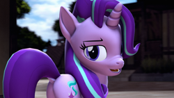 Size: 3840x2160 | Tagged: safe, artist:psfmer, character:starlight glimmer, species:pony, species:unicorn, 3d, 4k, butt, dock, female, looking at you, looking back, looking back at you, open mouth, plot, ponyville, sfm pony, solo, source filmmaker