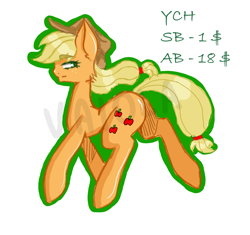 Size: 5799x5461 | Tagged: safe, artist:vaiola, character:applejack, species:earth pony, species:pony, advertisement, apple, auction, butt, clothing, colored, commission, cute, doodle, female, food, freckles, green eyes, hat, long hair, orange, running, sexy, simple background, sketch, smiling, solo, white background, ych example, ych sketch, your character here