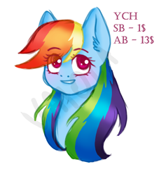 Size: 6365x7000 | Tagged: safe, artist:vaiola, character:rainbow dash, species:pegasus, species:pony, advertisement, auction, blushing, bust, commission, cute, expressions, female, long hair, long mane, looking at you, pink eyes, portrait, rainbow, simple background, sketch, smiling, solo, white background, ych example, ych sketch, your character here