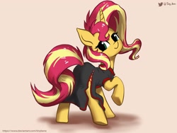 Size: 2048x1536 | Tagged: safe, alternate version, artist:tinybenz, character:sunset shimmer, species:pony, species:unicorn, cheongsam, clothing, cute, female, looking at you, looking back, mare, raised leg, shimmerbetes, side slit, smiling, solo