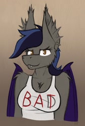Size: 867x1280 | Tagged: safe, artist:php122, oc, oc only, oc:echo, species:anthro, species:bat pony, bat pony oc, bat wings, breasts, bust, busty echo, clothing, digital art, fangs, female, looking at you, portrait, solo, wings